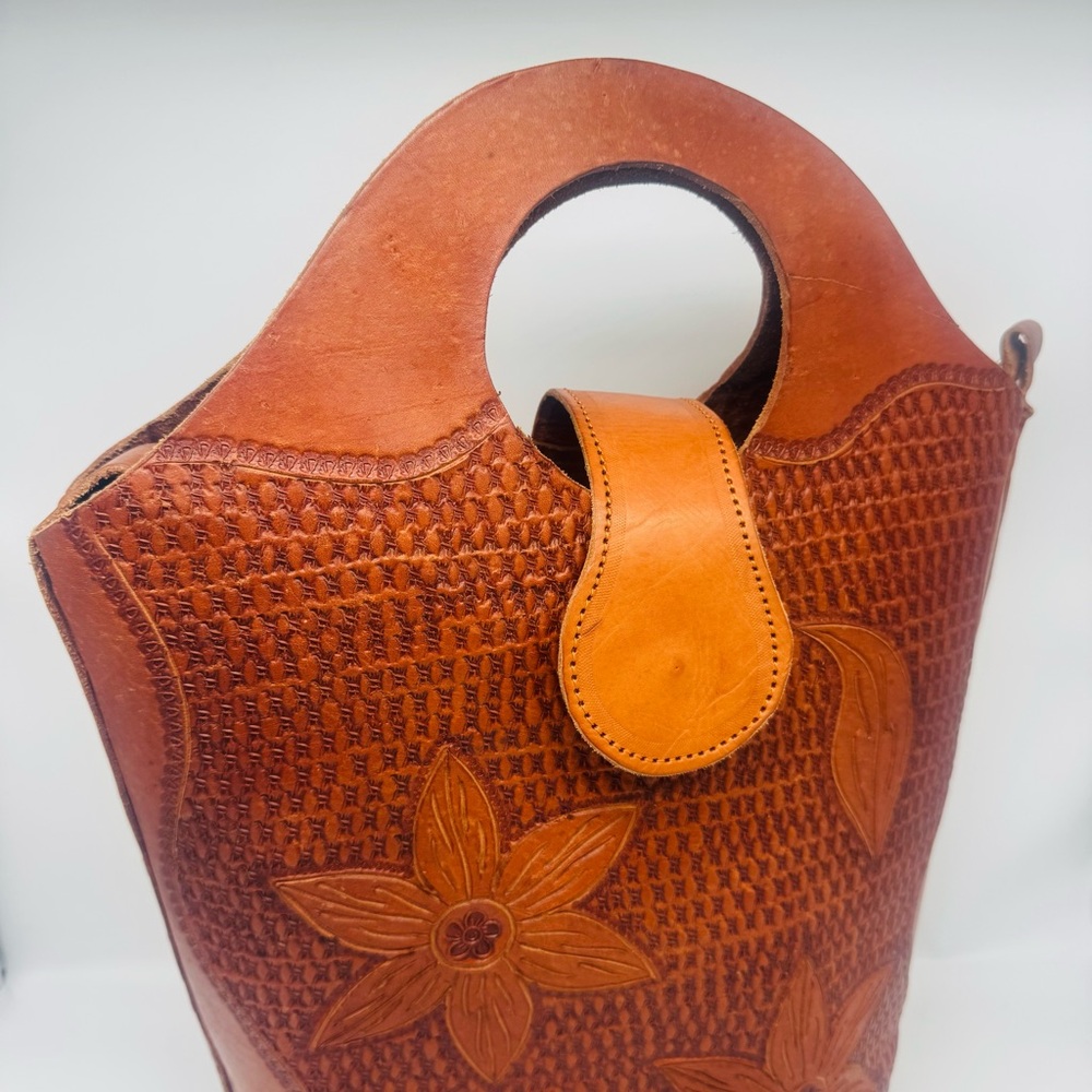 Handmade Tooled Brown Leather Tote with Crossbody Strap